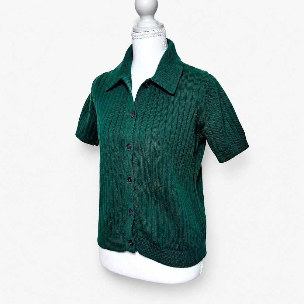 UNIQLO Womens L Green Ribbed Polo Cardigan Short Sleeve Button Front 251-479968